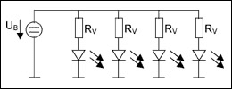 図3. 図示された構成では、赤、黄色、または緑のLEDを複数、並列に接続して動作させる例ですが、色差、または明るさの差がほとんどありません。