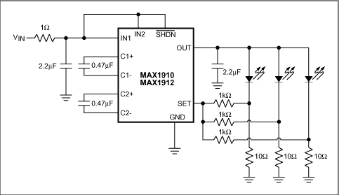 図8. このICはチャージポンプと電流制御を組合せたものです。チャージポンプは白色LEDを駆動するために十分な電圧を供給し、電流制御は各LEDに同じ値の電流を強制的に流すことによって、均一な白色光を保証します。