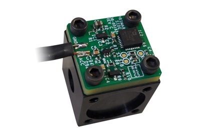 Vibration measurement test setup: the EVAL-CN0532-EBZ board attached to a shaker table