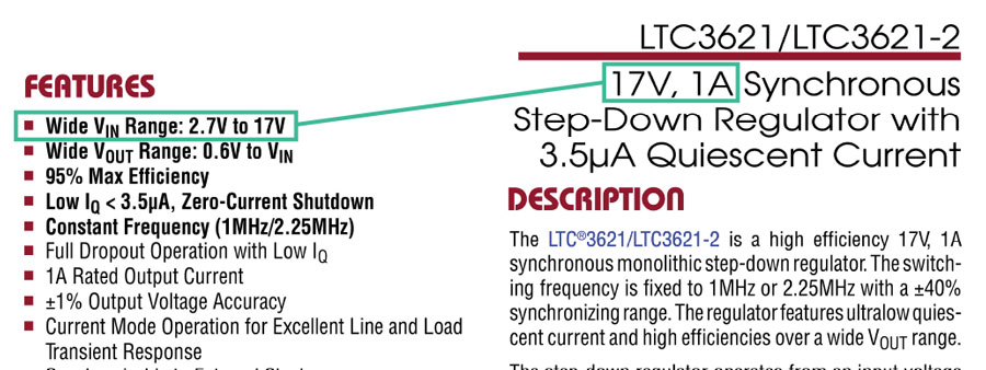 図3. 降圧レギュレータIC(LTC3621)のデータシート。タイトルの部分に、最大入力電圧と出力電流の値が記載されています。