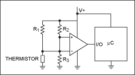 Figure 4. Combining a sensor with a comparator yields a 1-bit digital output that can warn the µC of temperature excursions beyond a predetermined threshold or trip point.