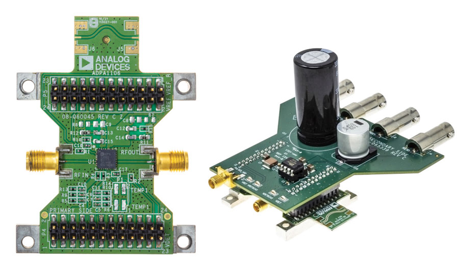 図4. GaN PA(ADPA1106)の評価用ボード(左)とパルサ・ボード(右)。パルサ・ボードには、蓄電コンデンサが実装されています。そのため、幅の広いパルスに対応して電力のレベルを維持することができます。また、評価用ボードについては、PAの近くにデカップリング・コンデンサが実装されています。