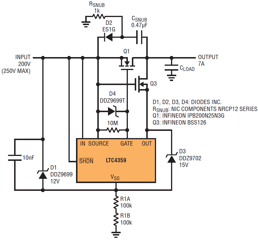 図1.LTC4359をベースにした200Vバス用理想ダイオード