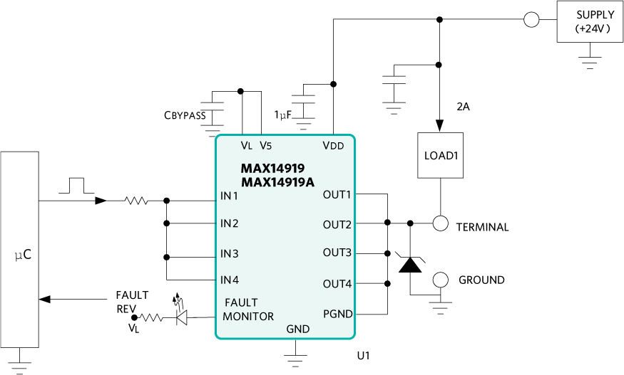 図5．MAX14919/MAX14919Aを使用したシングルチャネル、2AローサイドDOアプリケーション。