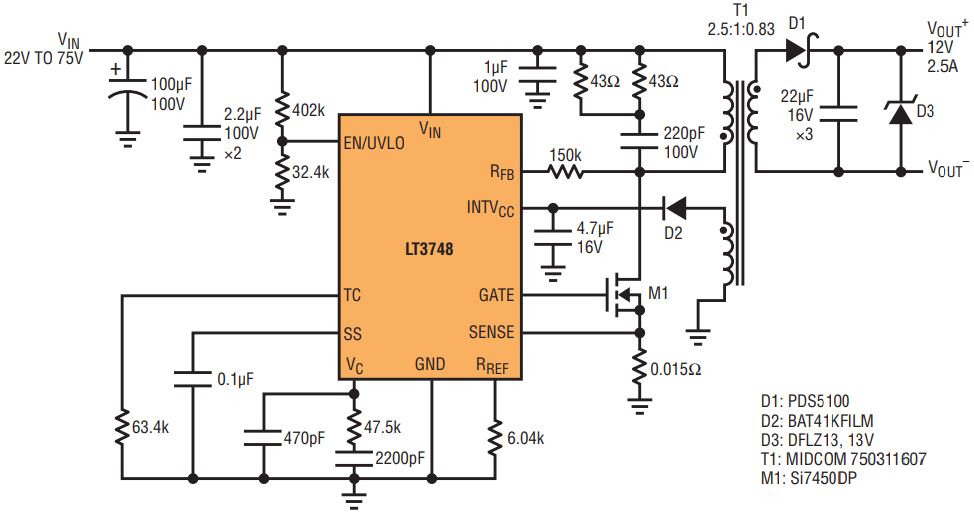 図5. 図2のデモ用ボードの回路図。このレギュレータは、18V~90Vの入力電圧を基に12V/2.5Aの出力を生成します。