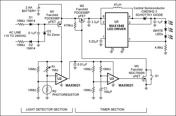 Figure 1. When AC power is lost, this emergency-lighting system automatically provides 10 minutes of illumination from a string of white LEDs.