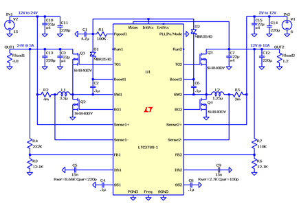 Figure 1.LTC3788-1 - High Efficiency Dual Boost Regulator with Independent Inputs.