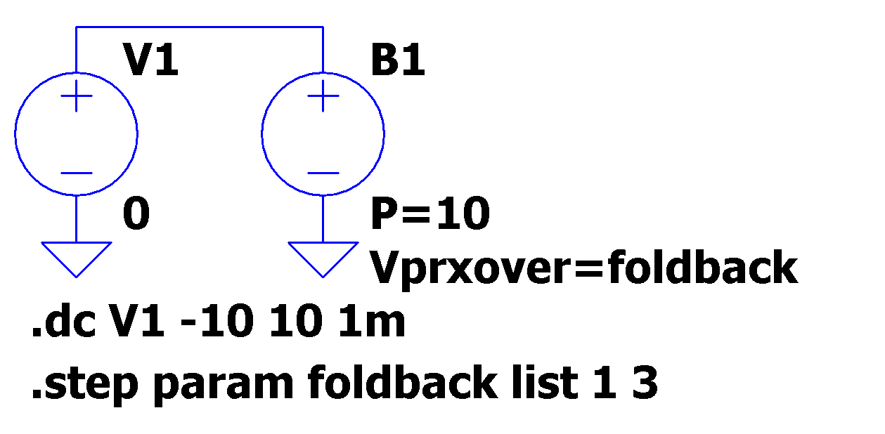 DC源掃引解析とVPRXOVERパラメータの.STEPコマンドを使用した定電力負荷の回路図