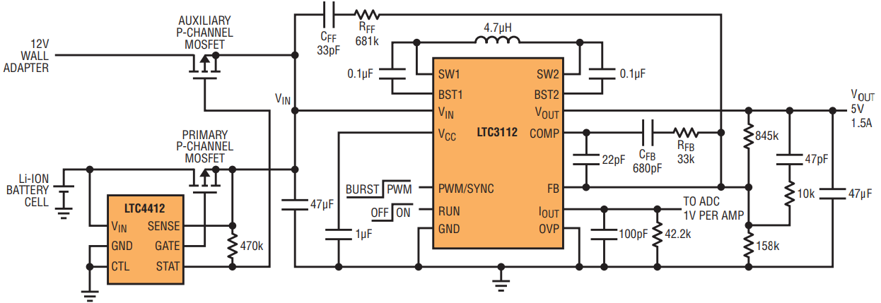 図2.LTC3112コンバータに給電する最も高い電圧の入力を選択するLTC4412 PowerPathコントローラ