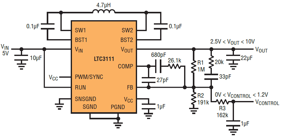 図8．可変出力電源として構成した LTC3111