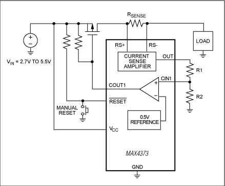 Figure 2a. When the IC detects an overload fault, its short-circuit
protection circuit turns off the p-channel MOSFET and disconnects the load.