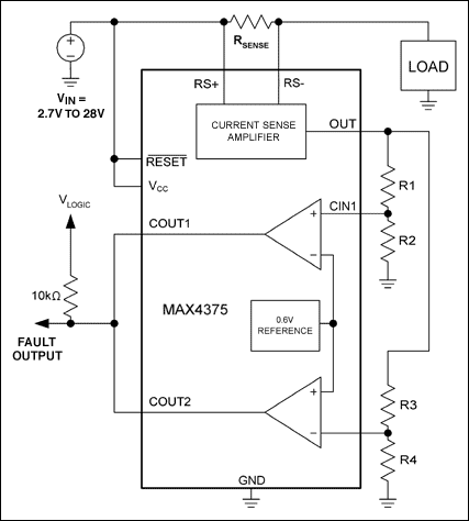 Figure 2b. A current-window circuit (comprising R1-R4, the
comparators, and reference) detects open- and short-circuit faults.