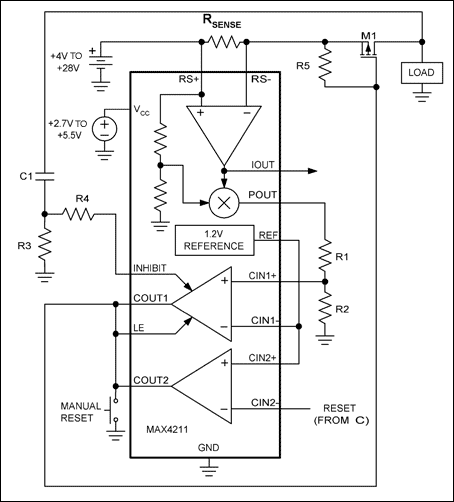 Figure 6. This solid-state, power-sensing circuit breaker shuts off
current to the load in response to an overpower fault. Pressing the Manual Reset button or applying a logic-high to CIN2- resets the circuit breaker. If a voltage transient occurs during power-up, the INHIBIT input prevents false
overpower alarms by temporarily suspending comparator COUT1.