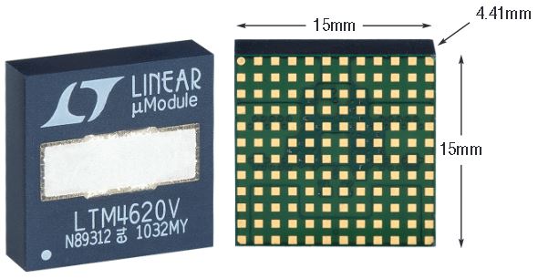 図1.LTM4620のLGAパッケージには、独自の内部ヒートシンクに接続する熱的接点が上面および底面に設けられているので、内部の熱抵抗を最小に抑えることにより、内部の部品は冷却状態が維持されます。