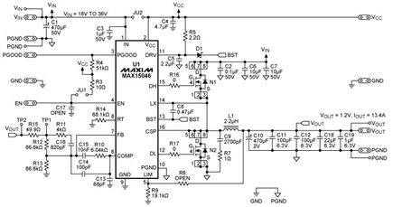 図1. FSW = 250kHzのときのMAX15046バック電源の回路図