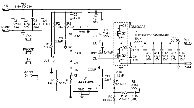 図1. 300kHzのスイッチング周波数でのMAX15026同期型降圧コンバータの回路図