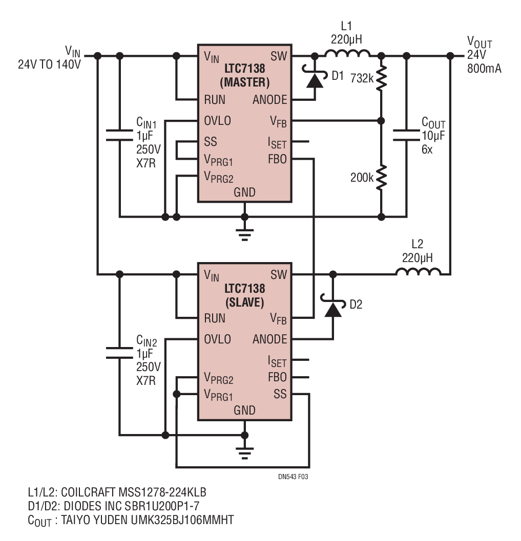 Figure 3. High Efficiency 24V, 800mA Buck Using Two LTC7138s in Parallel