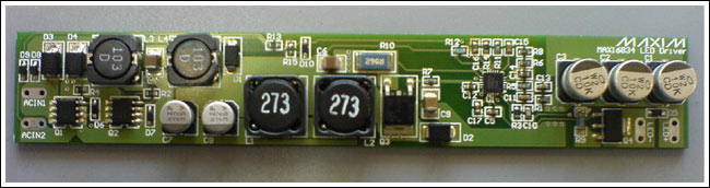 Figure 1. Reference design board (top view). The board size is 23mm x 138mm, in two layers, with components on the top side only