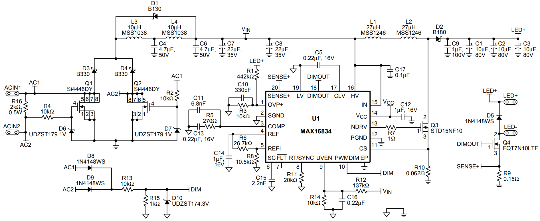 Figure 2. Circuit schematic for the reference design features the MAX16834