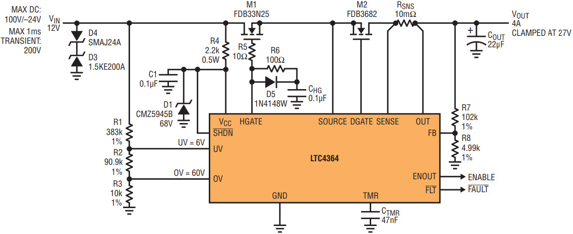 図2.逆電流制限保護機能を備えたサージ・ストッパーは、VINでの200V/–24Vトランジェントに耐えます。