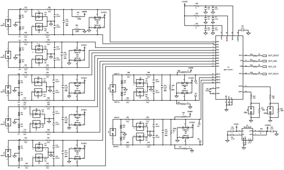 Simplified schematic of the protection circuit at analog inputs