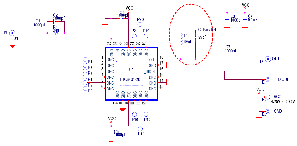 LTC6431-20 Schematic for Narrowband Application at 140MHz