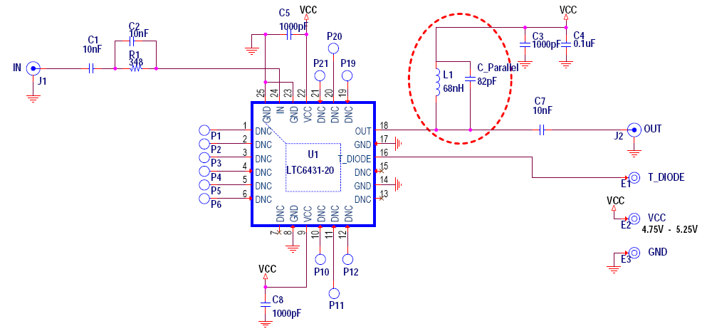 LTC6431-20 Schematic for Narrowband Application at 70MHz