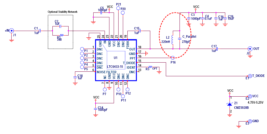 LTC6433-15 Schematic for Narrowband Application at 21.4MHz
