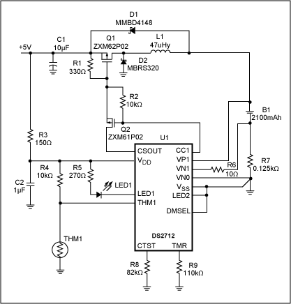 図7. 単一セルのNiMHバッテリがUSBポートから急速充電される様子を示した回路