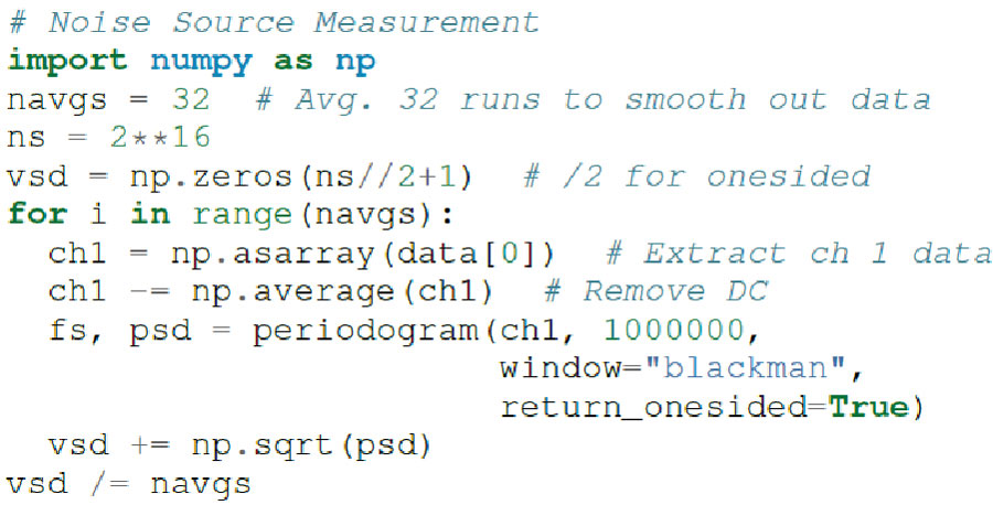 図20　ADALM2000用のPythonノイズ源測定コード。
