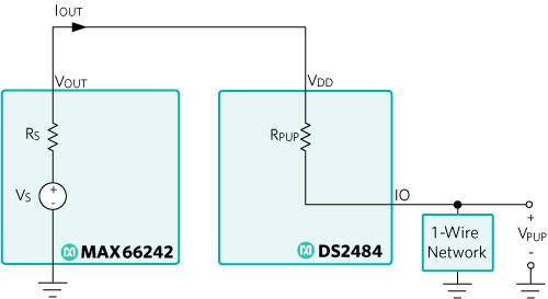 Figure 4. VOUT modeled as an ideal voltage supply VS and source resistance RS. VDD is the voltage supply for the DS2484. The 1-Wire network pullup voltage is VPUP. RPUP is the pullup resistance of 1-Wire network.