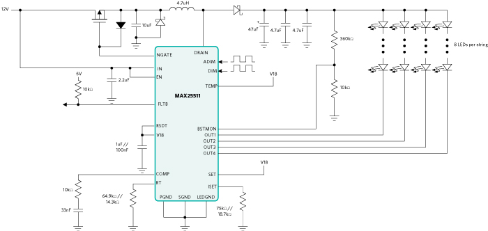 Figure 4. MAX25511 operating circuit for hybrid dimming testing (boost topology).