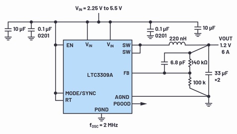 The LTC3309A application schematic delivering 6 A at 1.2 V The LTC3309A application schematic delivering 6 A at 1.2 V