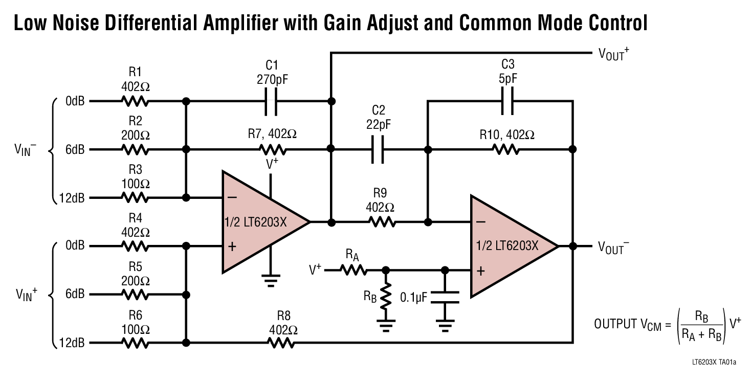 Low Noise Diiierential Amplifier with Gain Adjust and Common Mode Control