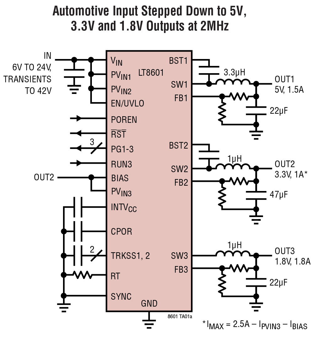 Automotive Input Stepped Down to 5V, 3.3V and 1.8V Outputs at 2MHz