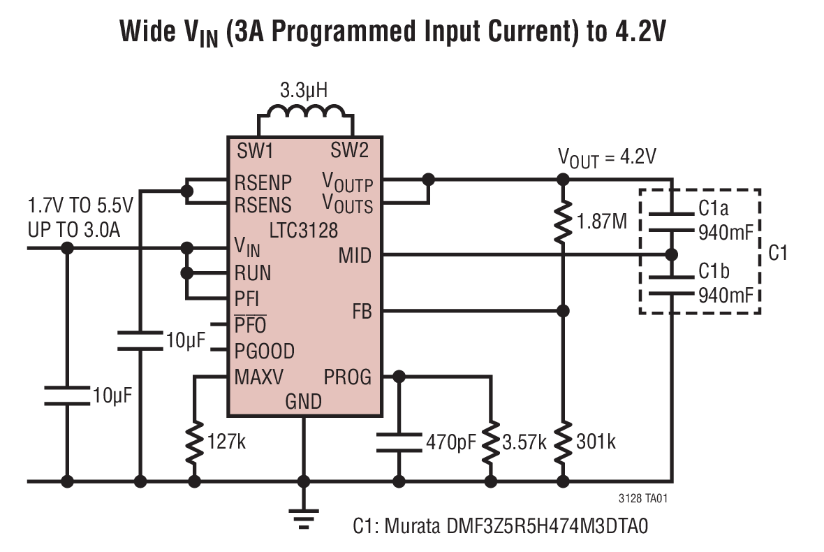 Wide VIN (3A Programmed Input Current) to 4.2V