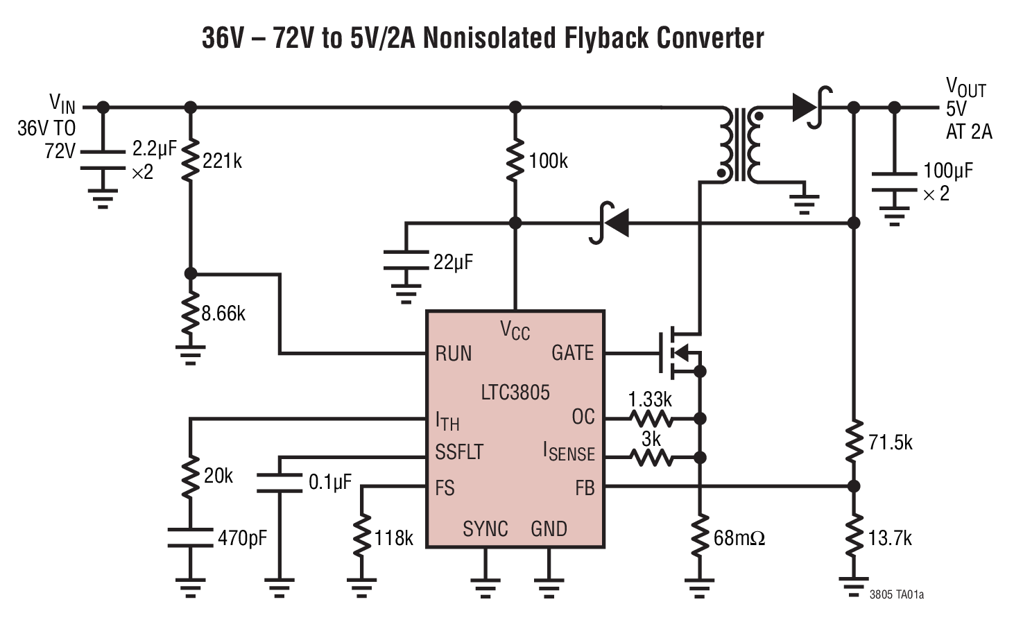 36V – 72V to 5V/2A Nonisolated Flyback Converter