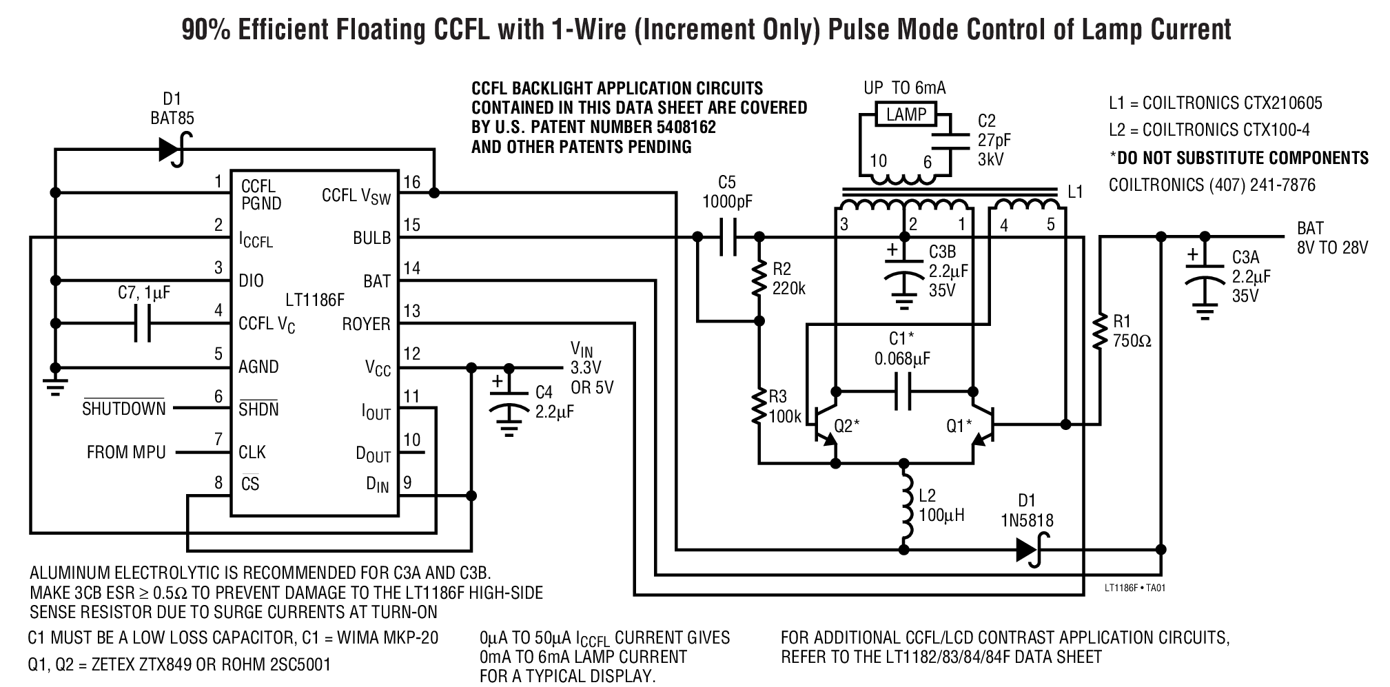 90% Efficient Floating CCFL with 1-Wire (Increment Only) Pulse Mode Control of Lamp Current