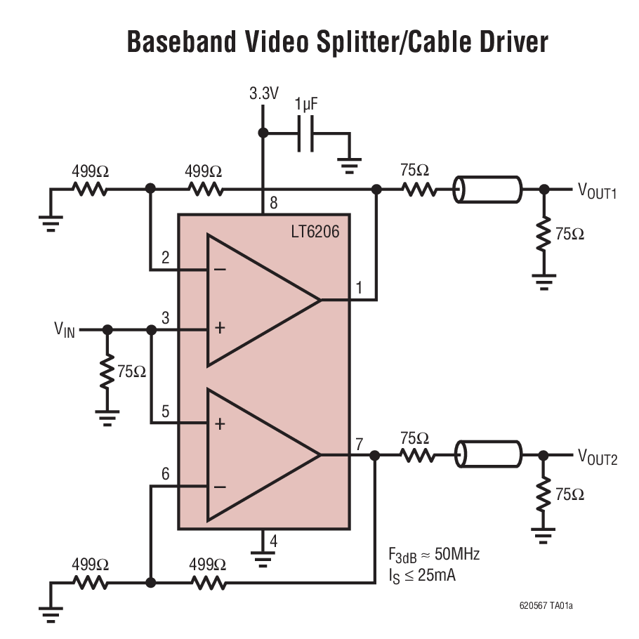 Baseband Video Splitter/Cable Driver