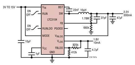 Figure 5. LTC3104 Adds a 10mA Low Noise Linear Regulator.