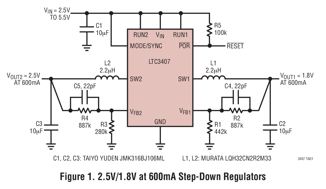 Figure 1. 2.5V/1.8V at 600mA Step-Down Regulators