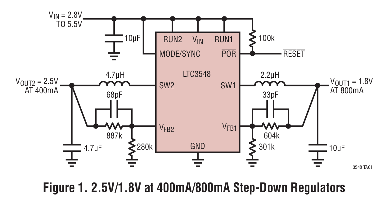 Figure 1. 2.5V/1.8V at 400mA/800mA Step-Down Regulators