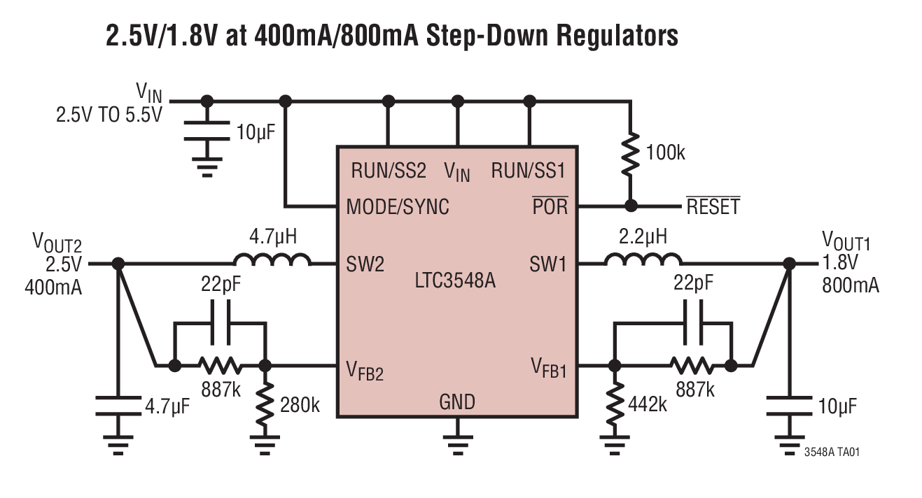 2.5V/1.8V at 400mA/800mA Step-Down Regulators