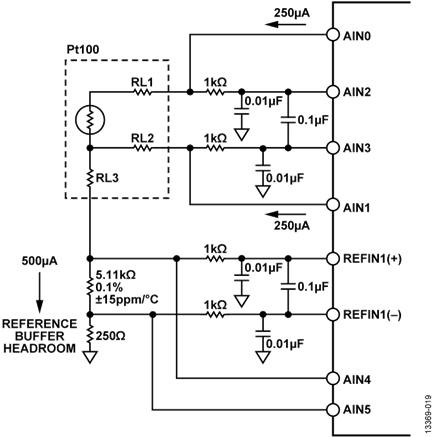 Figure 19.AD7124-4/AD7124-8 Configuration for 3-Wire RTD Measurement Calibration by Measuring the Excitation Currents