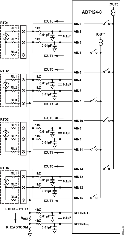 Figure 21.AD7124-8 Multiple 3-Wire RTD Configurations