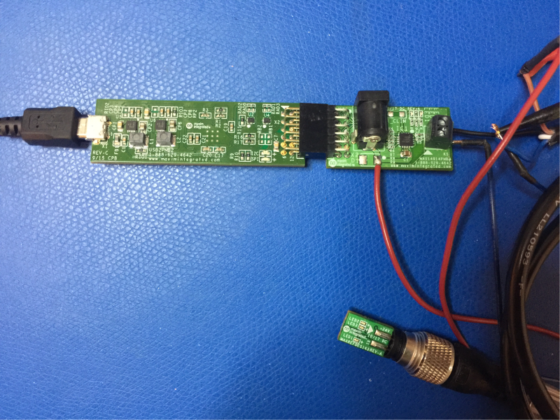 Figure 2. MAXREFDES163# connected to MAX14914PMB and USB2PMB2.