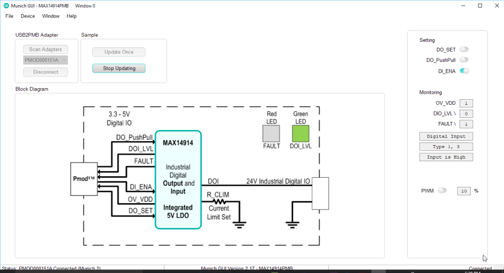 Figure 3b. Munich GUI – MAX14914PMB showing MAX14914 digital input with sensor on.