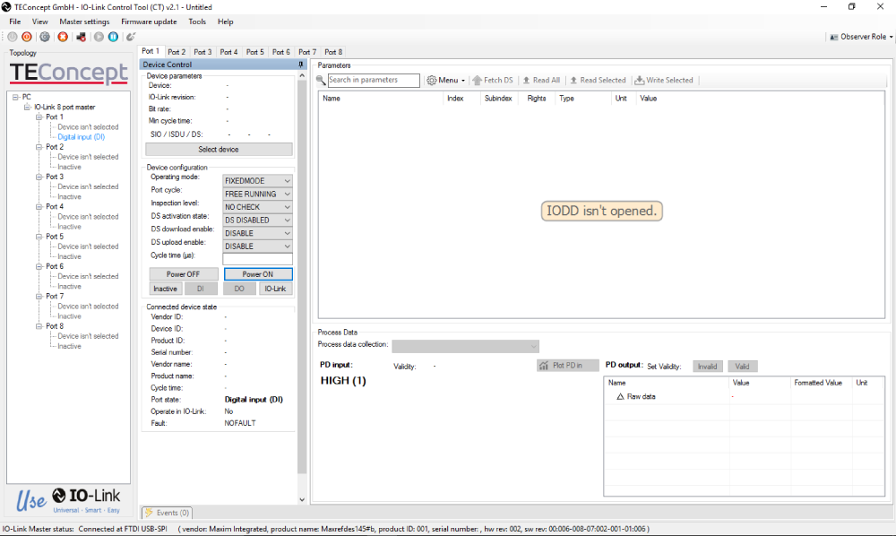 Figure 6b. TEConcept IO-Link Control Tool GUI showing MAXREFDES163# with sensor on.
