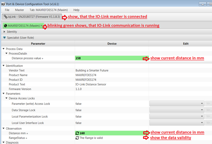 Figure 3. The iqPDCT IO-Link device tool with the MAXREFDES174#.