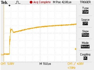Figure 10. A 10µs time base oscilloscope shot of the 24V supply being hot-plugged into the Santa Cruz (M12-1).